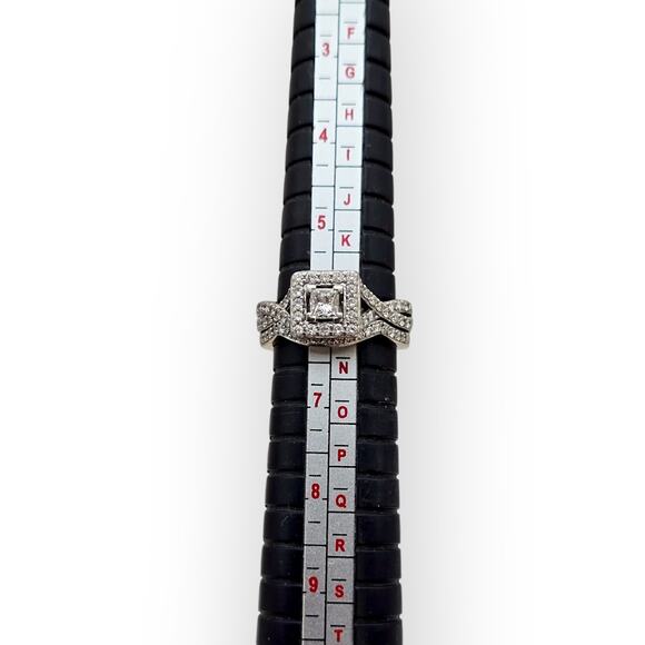 14k White Gold Diamond Bridal Set Princess Halo Engagement Ring & Twisted Band - Picture 10 of 12